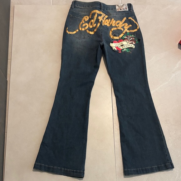 Ed Hardy Slim Flare Women's Multi Color Embroidery Blue Jeans Size 32 - Picture 4 of 6